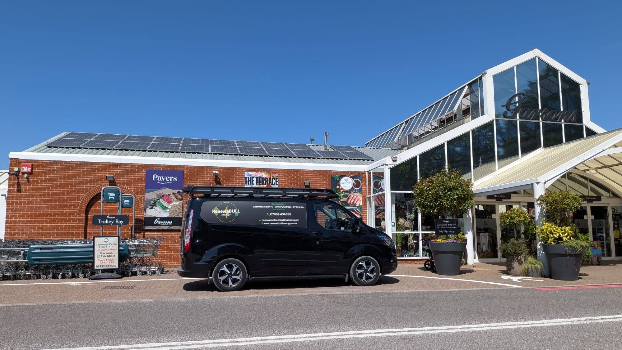 Solar panels across the rooftop at Garsons in Titchfield.