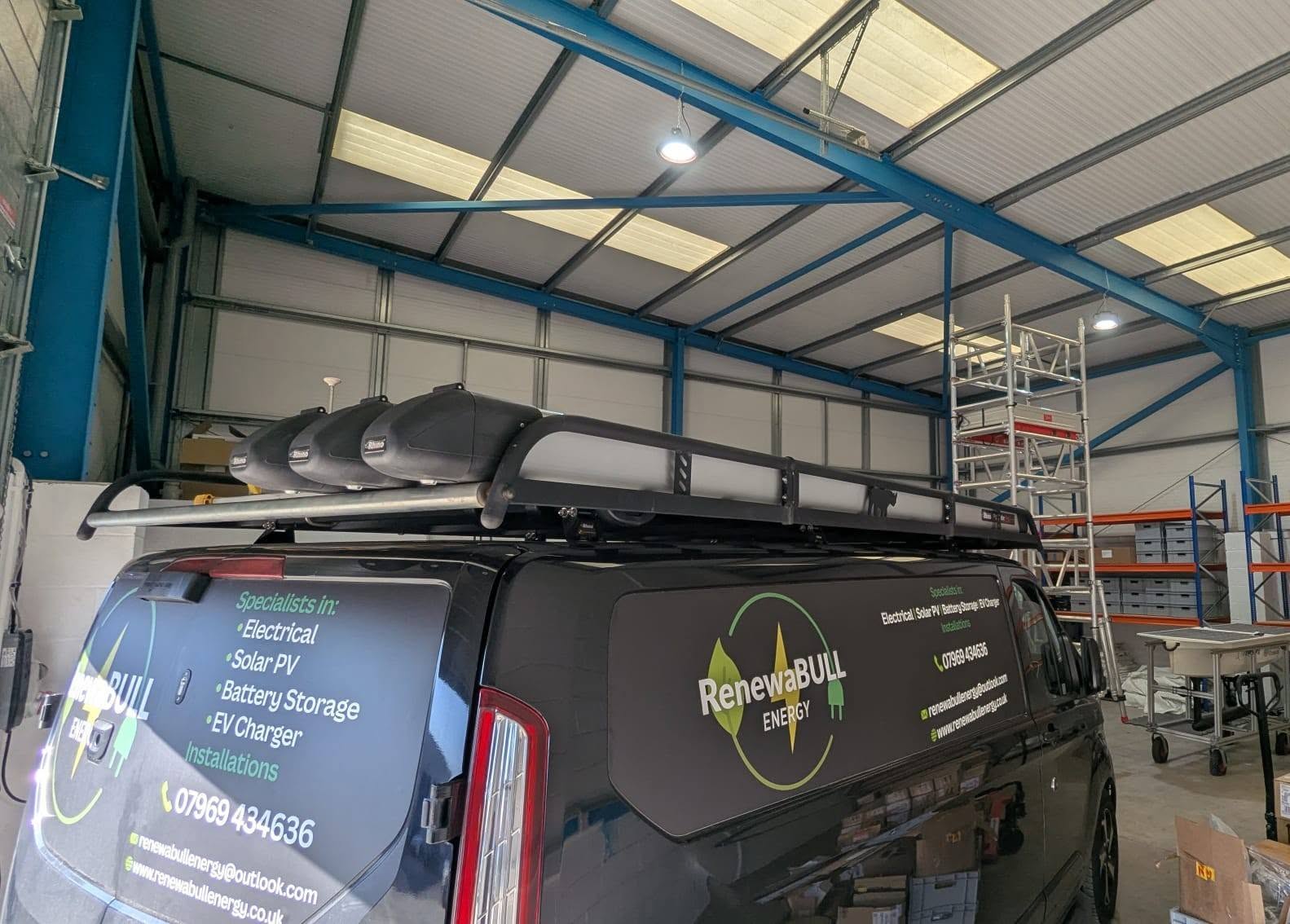 RenewaBULL Energy installation van loaded with solar and electrical equipment.